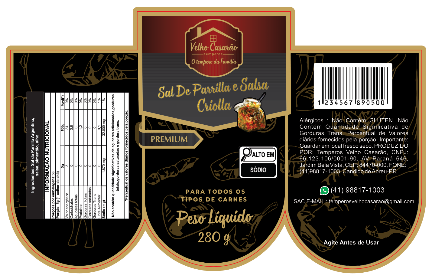 Rótulo completo de Sal de Parrilla e Salsa Crioula